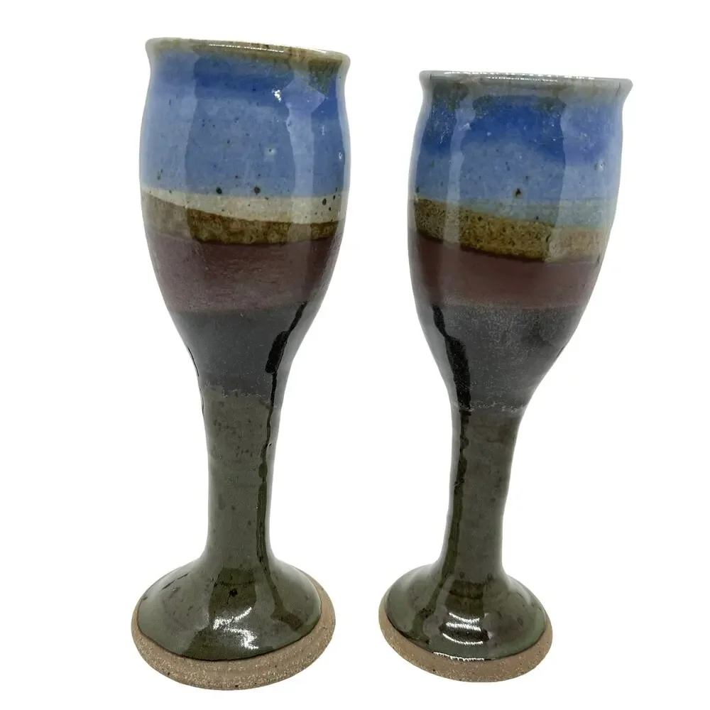 Wine Goblets Flutes Set of Four Ceramic Handmade 1984 Vintage Blue Brown Retro